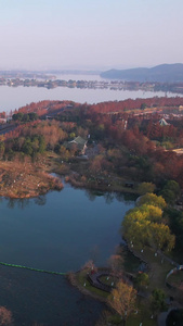 航拍城市秋天湖景绿道热气球素材城市素材视频