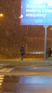 冬天夜晚欧洲街头下雪的景色大雪纷飞视频