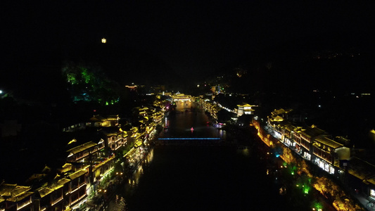 湖南凤凰古城夜景灯光航拍视频视频