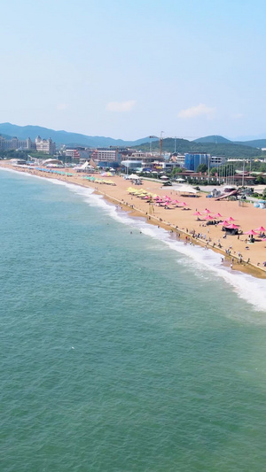 大连海滨海边浴场游客游泳海澡航拍海浪游客旅游金石滩国家旅游度假区海岸线40秒视频