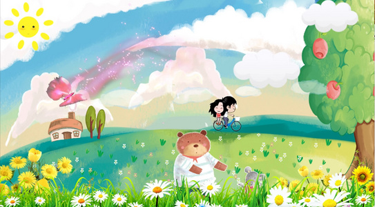卡通儿童节情侣草原旅行图视频