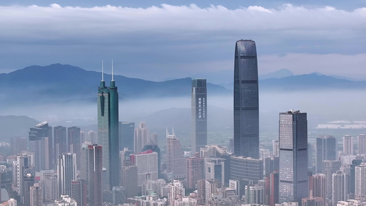 航拍深圳罗湖地标建筑与平流雾视频