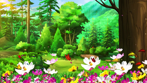 4K唯美卡通小清新春天森林背景视频60秒视频