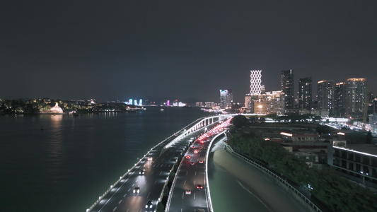 福建厦门双子塔鼓浪屿夜景航拍视频