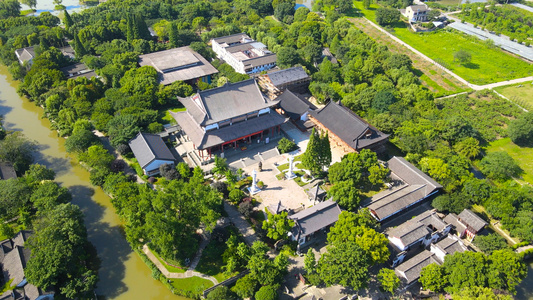 嘉兴4A风景区梅花洲景区石佛古寺航拍4K视频