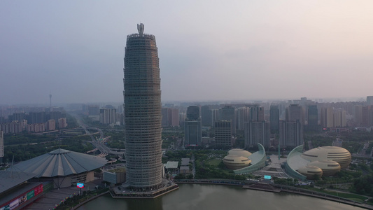 航拍郑州郑东新区CBD大玉米城市地标建筑视频