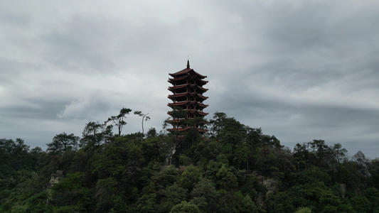 重庆北碚缙云山观景塔自然风光航拍视频