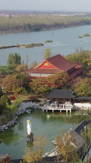 航拍寺庙古建筑山东郯城银杏古梅园广福寺影视基地33秒视频