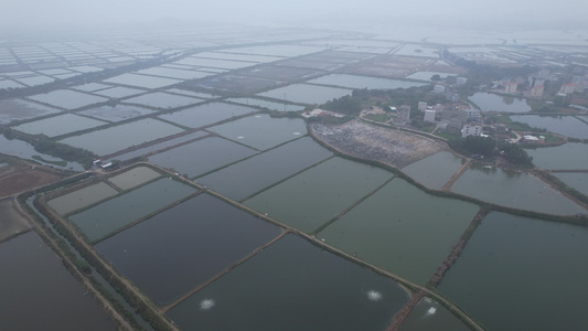 春季雾蒙蒙的广东养殖基地航拍视频