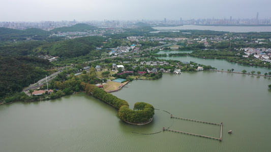 航拍武汉东湖景区后湖线团山驿站湖中林荫路视频