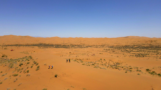 航拍在沙漠中徒步旅行的人视频