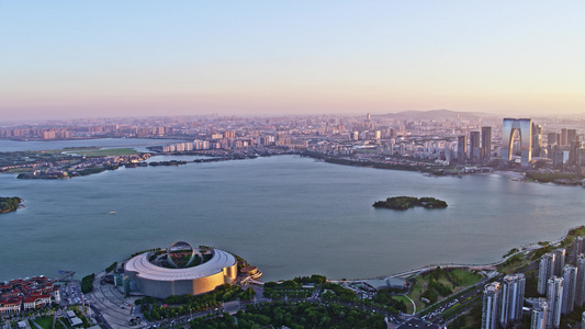 苏州金鸡湖夕阳航拍视频