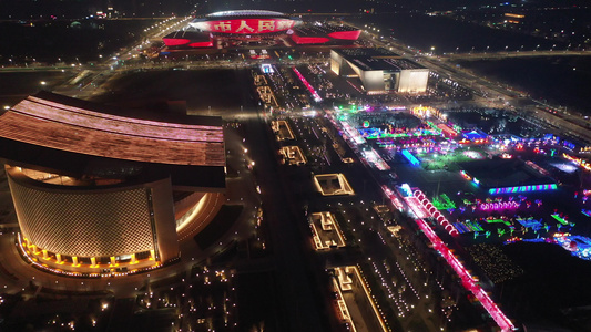 航拍河南郑州中央文化区新春国潮灯会花灯游园会夜景视频