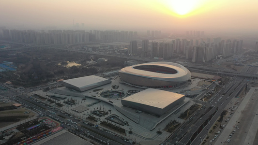航拍河南郑州奥林匹克体育中心露天体育场运动馆视频