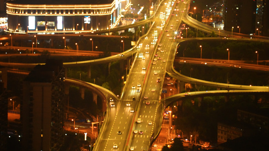 航拍城市夜景道路高架桥交通车流路灯4k素材[两条道路]视频