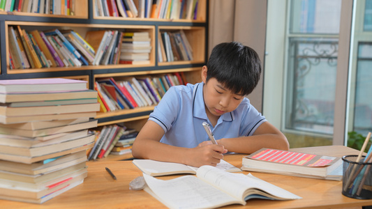 小男孩认真学习做作业视频