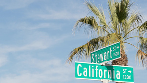 加利福尼亚在十字路口的街道路标。在十字路口路标上刻字，是夏季旅行和假期的象征。美国旅游胜地。洛杉矶附近城市名牌12秒视频