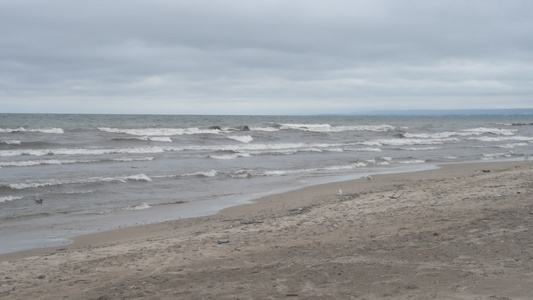 海浪在风天的沙滩上冲浪视频