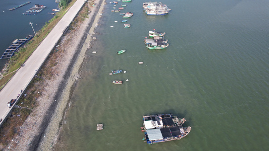 海湾渔港渔船航拍视频