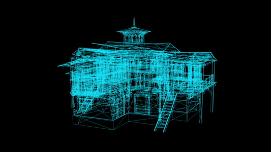 黑底中世纪房屋的电线框架模型3D翻接视频