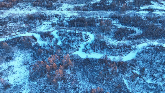 大兴安岭冬季风光山谷湿地雪景暮色视频