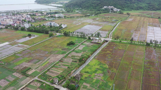 黄陂坑水库下的小镇农田航拍视频