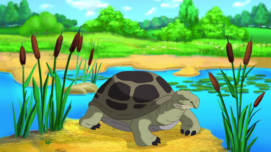 绿海龟在池塘附近从壳里偷看视频