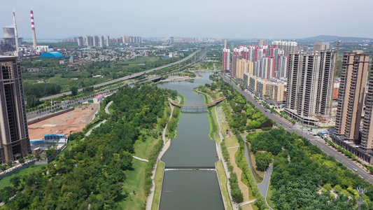 航拍河南平顶山湛河乌江河口公园生态水系视频