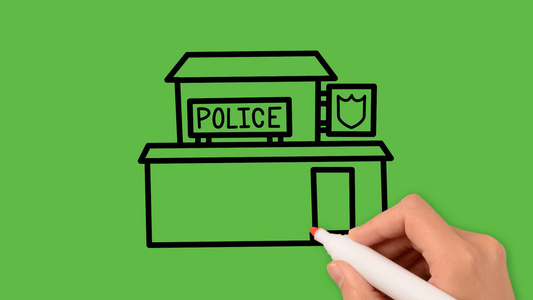 在绿色背景上绘制黑色和蓝色组合的警察所艺术图画info视频