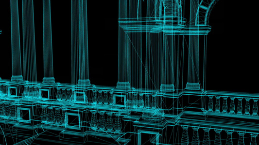 装有柱子的豪华宫殿的电线框架模型动画视频