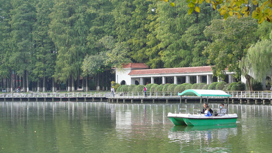 城市公园人工湖上划船休闲娱乐4k旅游素材[小游园]视频