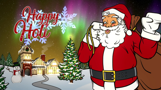 圣诞快乐节日动画卡牌夜晚圣塔在北边靠近北极视频