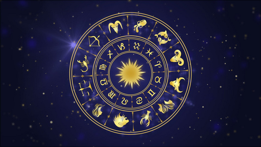 深蓝背景下带发光粒子的星云轮zodiac圆圈和闪光视频