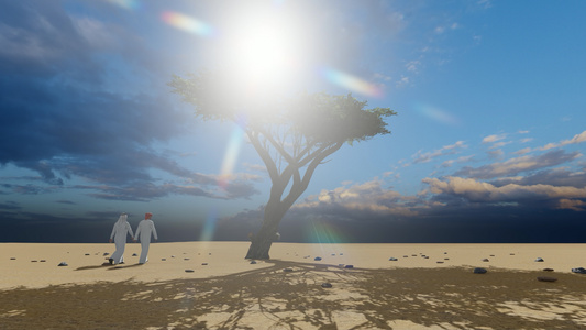 日落时阿拉伯男子在沙漠中单树附近行走3D视频