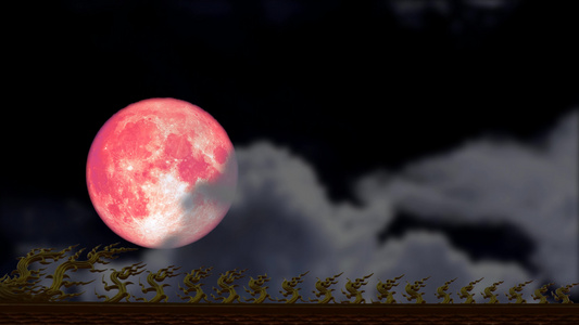 夜空时满月的粉红月亮云彩模糊屋顶上传过视频