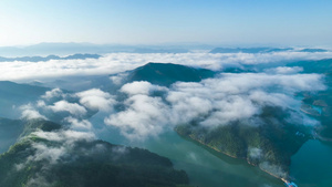 4K航拍皖南青龙湖风景区大山云海湖面烟雾缭绕24秒视频