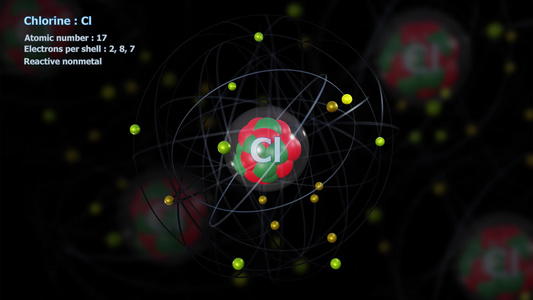 原子与原子在无限轨道旋转时有17个电子的氯原子视频