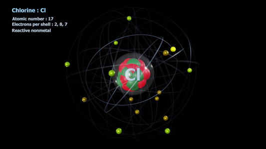 在无限轨道旋转中带有17个电子的氯原子原子视频