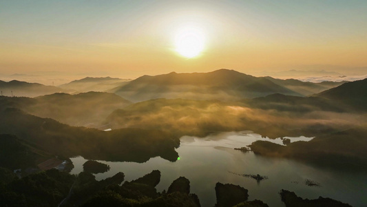 4K航拍皖南日出云海晨雾山河云海风景视频