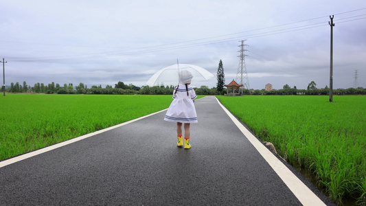 4K实拍小女孩雨天撑着雨伞玩水视频