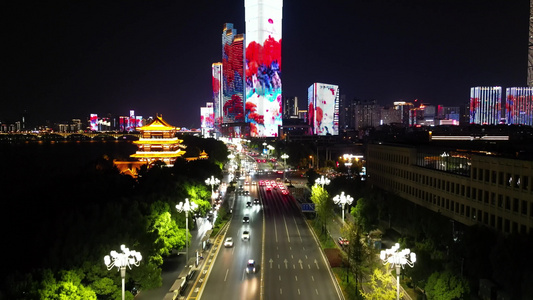 航拍湖南长沙湘江路交通夜景 视频