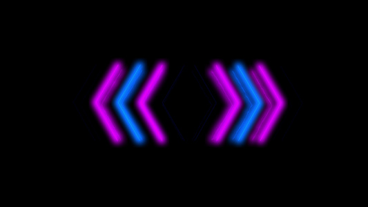 霓虹灯标志箭头动画粉红色光信号和蓝色从中心传播黑色视频