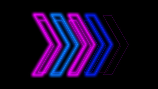 霓虹灯标志箭头动画粉红色光信号和蓝色从中心传播黑色视频
