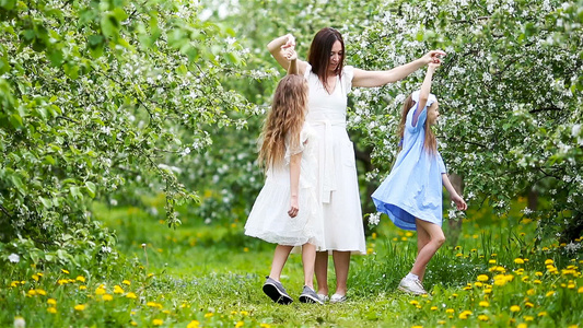 在美丽的春日盛开的樱桃园里带着年轻母亲的可爱小女孩视频