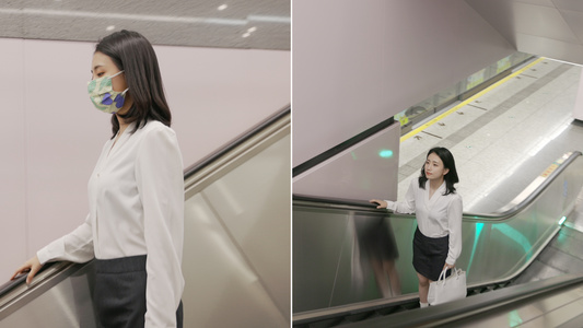女生在地铁站乘坐扶梯视频