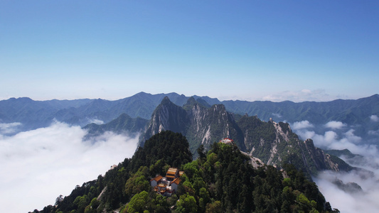 航拍陕西华山旅游山顶寺庙云海天空自然风光4k素材视频