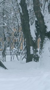 暴风雪后城市街道清晨积雪的人厚厚的积雪视频