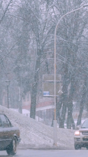 寒潮袭来暴雪天气城市交通道路车流谨慎驾驶17秒视频