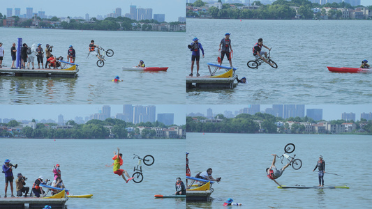 慢镜头升格拍摄4k素材城市夏天消暑降温骑单车跳水运动健身休闲娱乐视频