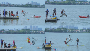 慢镜头升格拍摄4k素材城市夏天消暑降温骑单车跳水运动健身休闲娱乐49秒视频